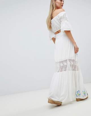 boohoo Embroidered Lace Insert Tiered Maxi Skirt