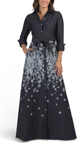 Long Sleeve Cascading Floral Shirt Gown for Women | Polyester/Metal