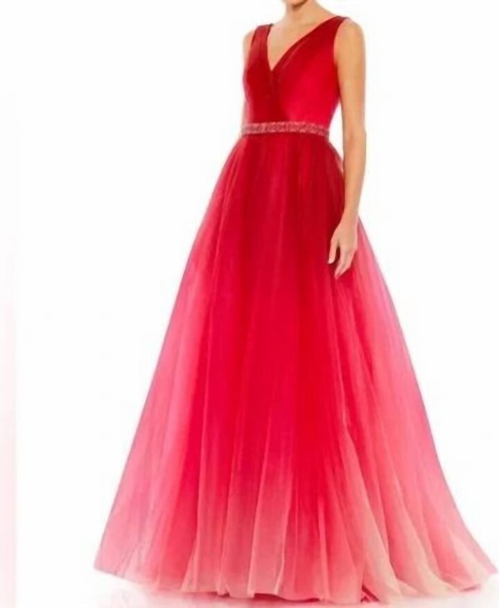Beaded Belt Wrap Over Sleeveless Ballgown In Red Ombre