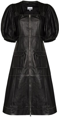Ganni Puff-Sleeve Leather Midi Dress