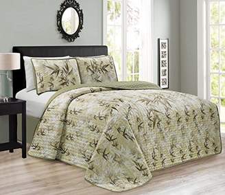 Chezmoi Collection KAMA by 3PC Luxury Embroidery Bamboo Forest Reversible Quilted Bedspread Set (Queen)