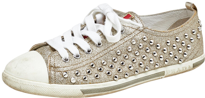 Werkelijk Verloren Logisch Prada Gold /White Glitter And Leather Stud Embellished Sneakers Size 37.5 -  ShopStyle
