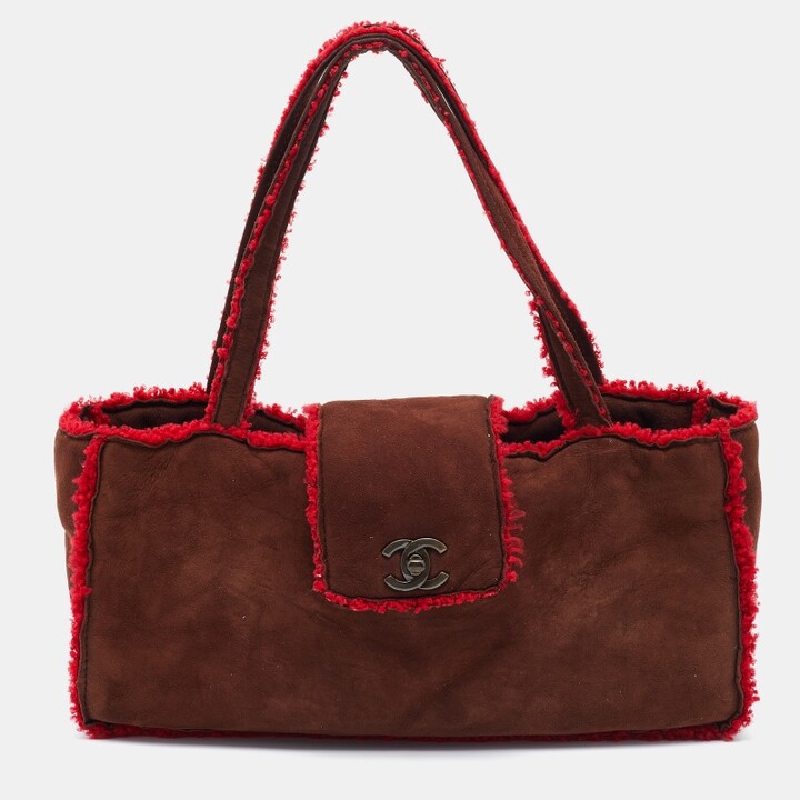 Chanel Brown/Red Suede and Wool CC Vintage Flap Bag - ShopStyle