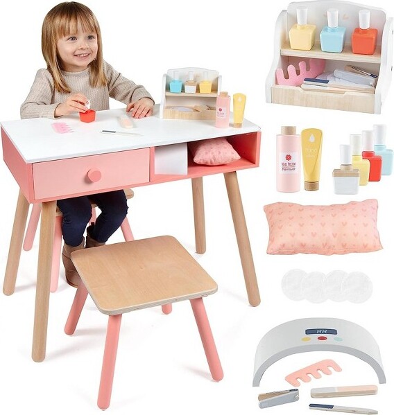 Svan PretendNailSalonWoodenPlaySet-RunYourOwnSalon-FullPlaysetIncludesNailPolishesBeautyCaddyFileDryerChair&Stool-Mess-Free