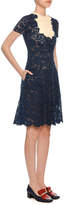 Thumbnail for your product : Valentino Short-Sleeve Heavy-Lace A-Line Dress w/ Crepe Inset