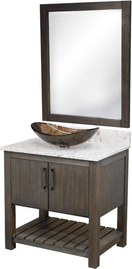 Novatto Ocean Breeze 31 in. W x 22 in. D x 31 in. H 1 Clear Tea Sink ORB Bath Vanity in Cafe with Cafe Mocha Quartz Top + Mirror