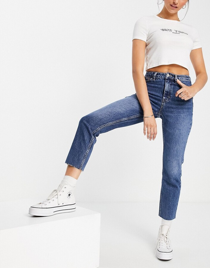 Topshop straight jeans in mid blue - ShopStyle