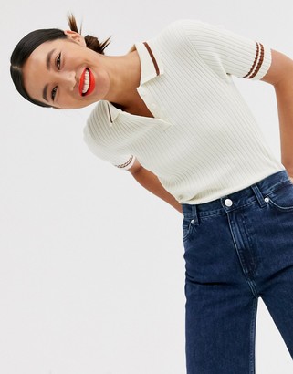 Monki short sleeve knitted polo top in off white