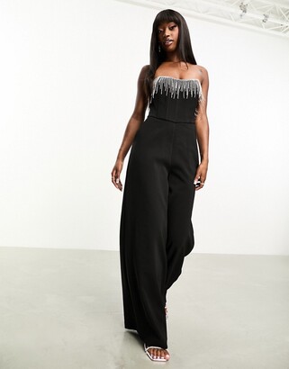 ASOS DESIGN corset jumpsuit with diamante fringe detail in black