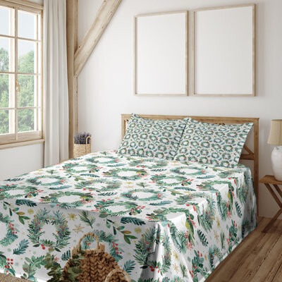 Ambesonne Christmas Sheet Set Holly Leaves Xmas Crown Laurel Green and Vermilion