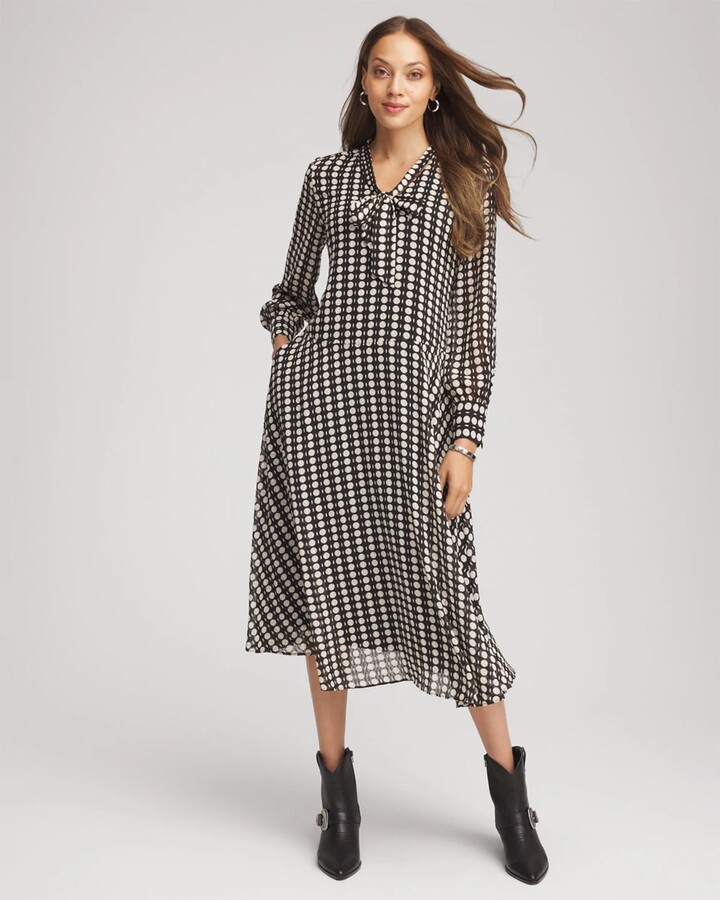 Chico's Chiffon Clip-Dot Tie-Neck Dress in Black
