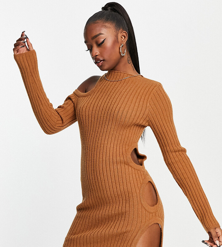 AsYou knit cut out long-sleeved mini dress in chocolate - ShopStyle