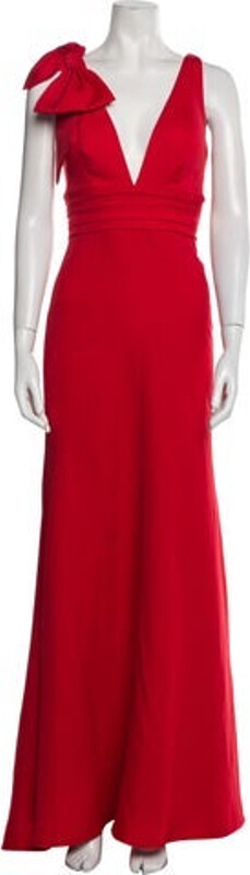 Mac Duggal Evening Gown Red Pleated & Bow Accents Sleeveless with V-Neck Concealed Zip Closure at Back