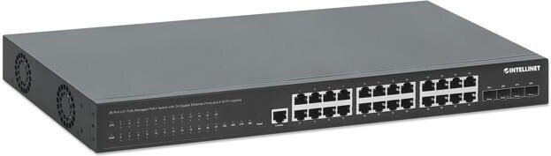 Intellinet Network Solutions Intellinet 28-Port L2+ Managed PoE+ Switch w/ 24 Gigabit & 4 SFP+ Uplinks, IEEE 802.3at/af Compliant, 370 W PoE Power Budget, Layer 2+/Layer 3...