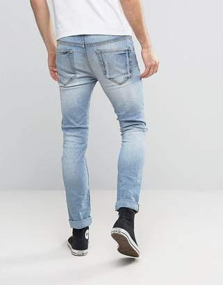 ONLY & SONS Slim Fit Stretch Jeans with Abrasion in Light Blue Wash