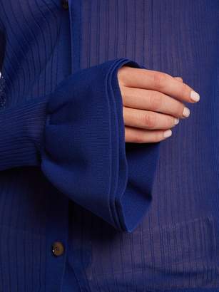 KHAITE Eloise Ruffled Cuff Ribbed Knit Cardigan - Womens - Dark Blue