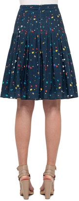 Akris Punto Stitch-Pleated Boulder-Print Skirt, Navy