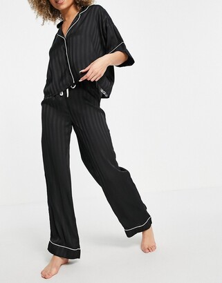 ASOS DESIGN satin long sleeve shirt & pants pajama set in black