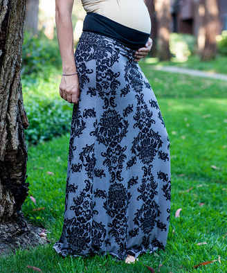 Gray & Black Damask Under-Belly Maternity Maxi Skirt