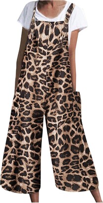 CHAOEN Women Casual Long Dungarees Leopard Print Playsuit Wide Leg Overalls Baggy Cotton Rompers Jumpsuits with Pockets
