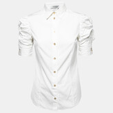 White Cotton Ruched Sleeve Button 