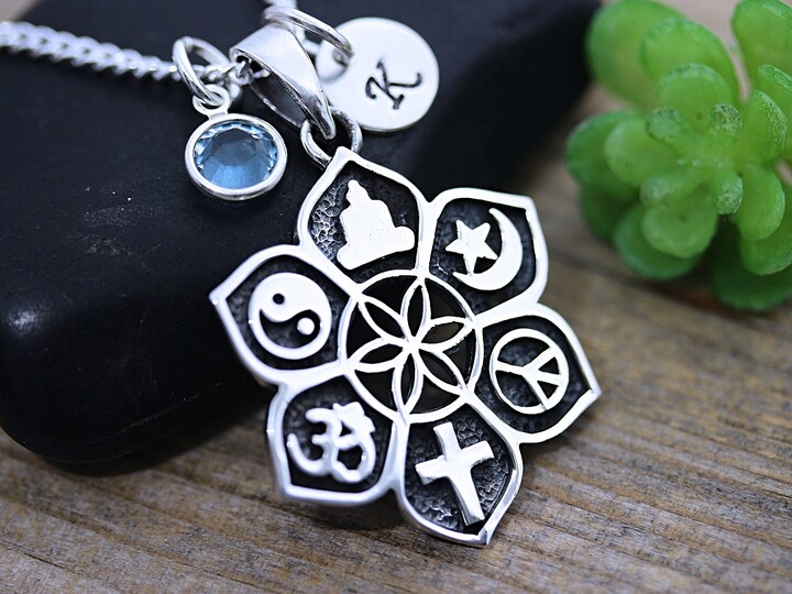Etsy Sterling Silver Coexist 7 Spiritual Symbols Meditation. Select Initial/Birthstone Or Star Of David. Choose Chain