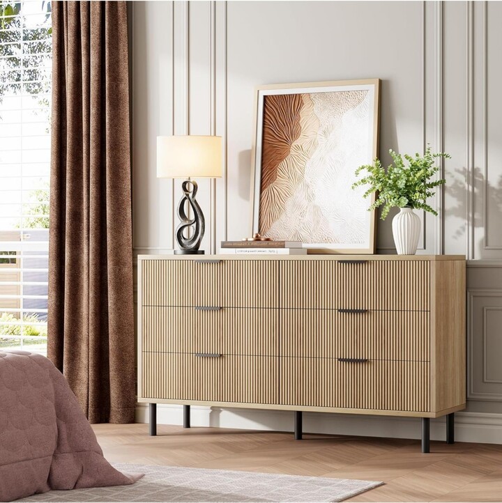 gaomon Oak Modern 6-Drawer Dresser with Metal Handles Wooden Storage Cabinet for Bedroom Closet Hallway
