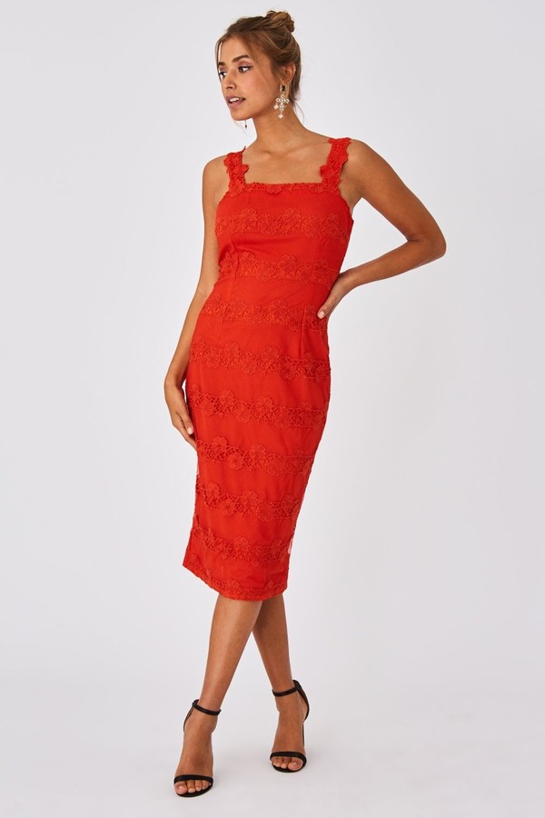 Little Mistress Alana Paprika Floral Lace Mesh Midi Bodycon Dress