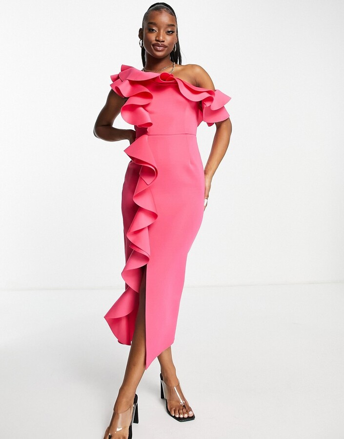 ASOS DESIGN frill off shoulder pencil midi dress in hot pink - ShopStyle
