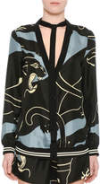 Thumbnail for your product : Valentino Silk Tiger-Print V-Neck Cardigan with Bow, Gray