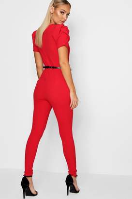 boohoo Square Neck Puff Sleeve Belted Jumpsuits