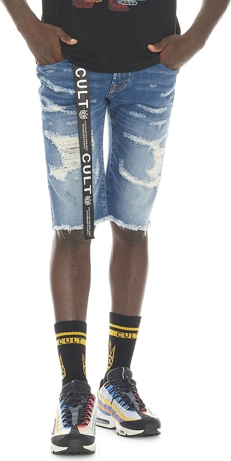 Slim Fit Distressed Belted Jean Shorts