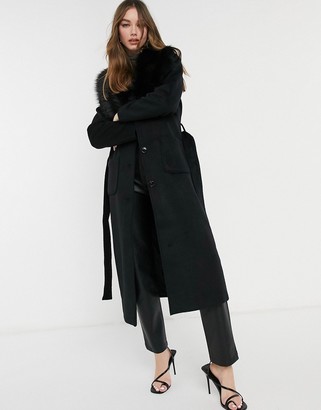 Object longline coat with fur detail in black