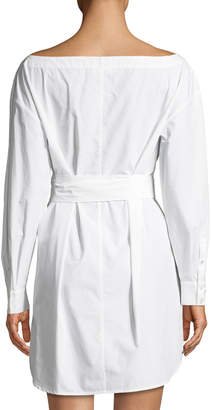 Frame Button-Front Long-Sleeve Belted Poplin Dress