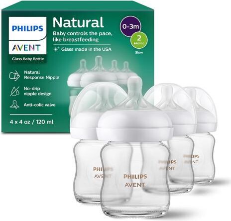 Avent Naturally Philips Natural Glass Baby Bottles with Natural Response Nipples (Slow Flow, Flow 2), 4oz, 4-pack, SCY910/04
