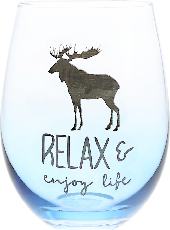 Pavilion Gift Company - Relax & Enjoy Life - 18 ounce Stemless Wine Glass, Lodge Collection, Cabin Themed Gifts or Rustic Décor for Men or Women, Wine Tasting Gifts, 1 Count (Pack of 1), Blue
