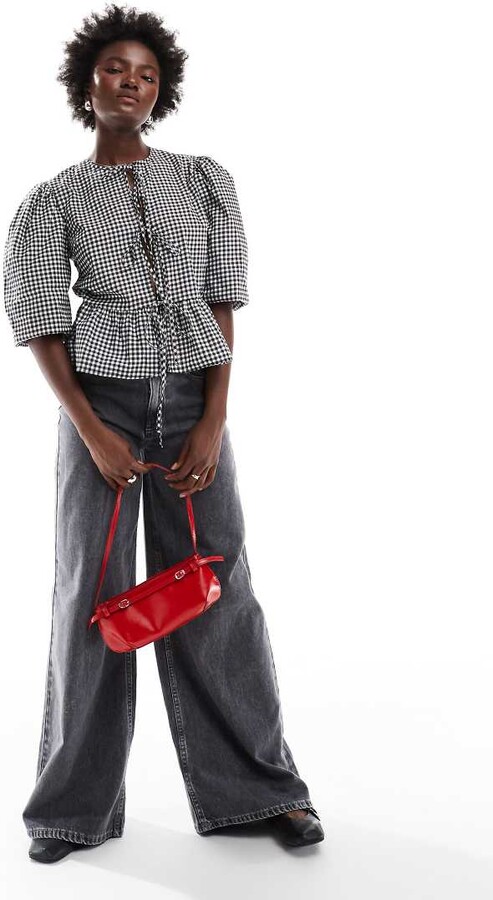 ASOS DESIGN cotton poplin tie front peplum blouse in black gingham