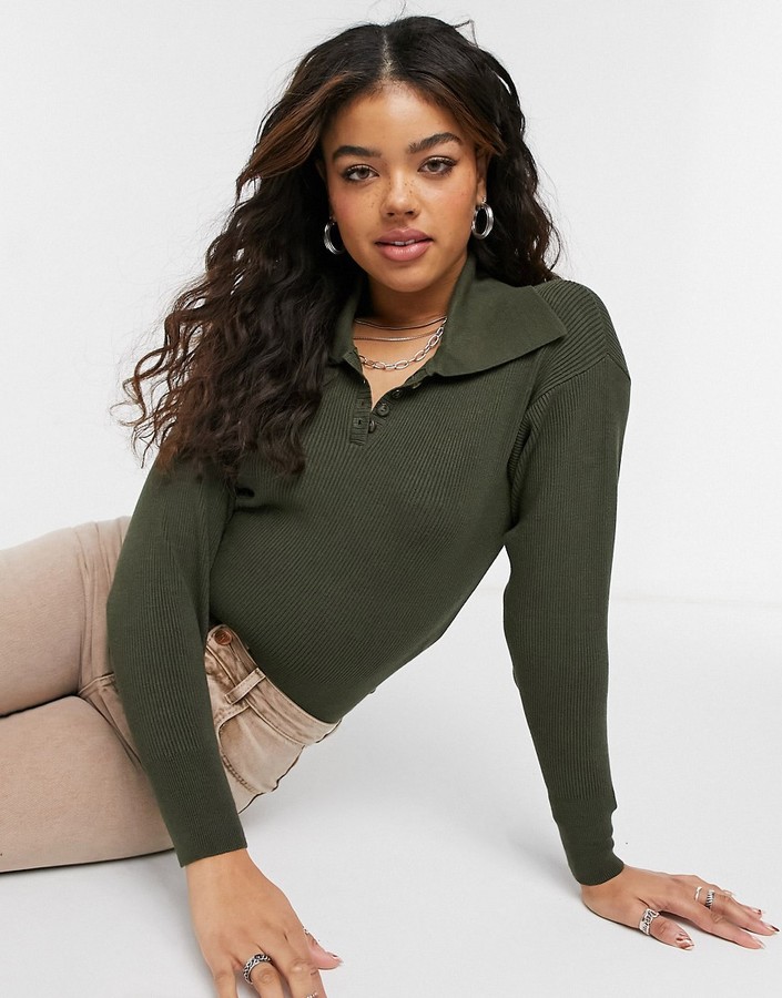 Topshop oversized collar fine gauge sweater in khaki - ShopStyle