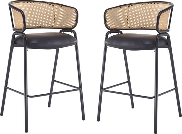 MetalBarStoolsSetof2withBlackFauxLeatherSeat,RattanBackBarStoolsforKitchenorDiningRoom,MidCenturyModernBarStools-Koiai