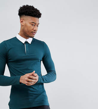 ASOS Design DESIGN Tall muscle fit rugby polo shirt with long sleeve in green