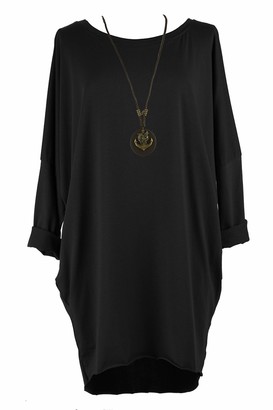TEXTURE Ladies Womens Italian Lagenlook Plain Batwing Long Sleeve 2 Pocket Necklace Cotton Jersey Tunic Top One Size (Black One Size)