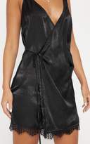 Thumbnail for your product : PrettyLittleThing Black Satin Wrap Lace Trim Cami Dress
