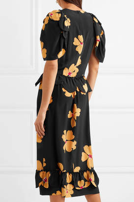 Simone Rocha Ruffled Floral-print Silk-crepe Midi Dress - Black