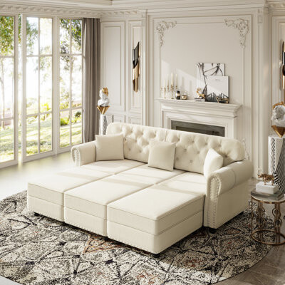 Everly Quinn Upholstered Velvet Sofa with Nailhead Trim and Rolled Armrests