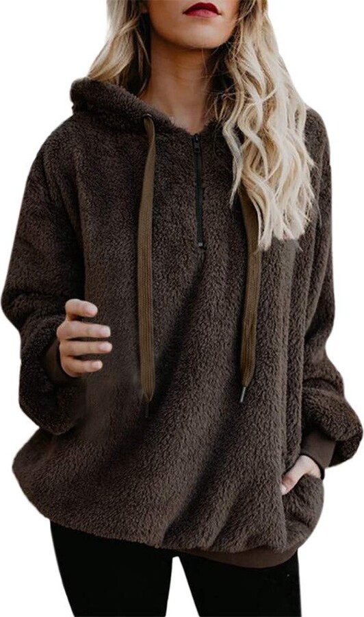 Plush Sweater Coat With Pockets for Girls Hooded Sweatshirt Coat Winter Warm Wool Zipper Pockets Cotton Coat Outwear 