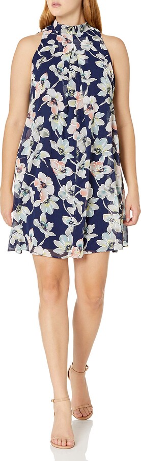 ROBBIE BEE Womens Floral Printed Chiffon Trapeze Dress with Illusion Neck 