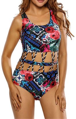 Kalin L Women Retro Antigua Floral Crisscross Detail Cutout Monokini Strappy Swimsuit (XL)