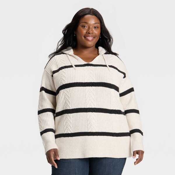 Ava & Viv Women'sCozyCableHoodedTunicSweater-Ava&Viv™CreamStriped2X
