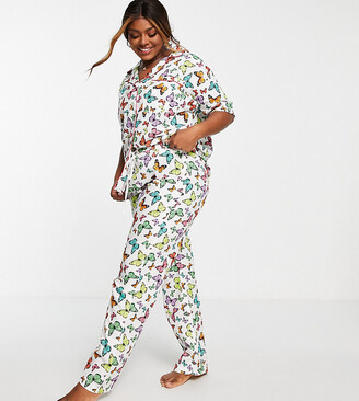 Daisy Street Plus short sleeve shirt and pyjama bottoms set with scrunchie  in bright butterfly print - ShopStyle
