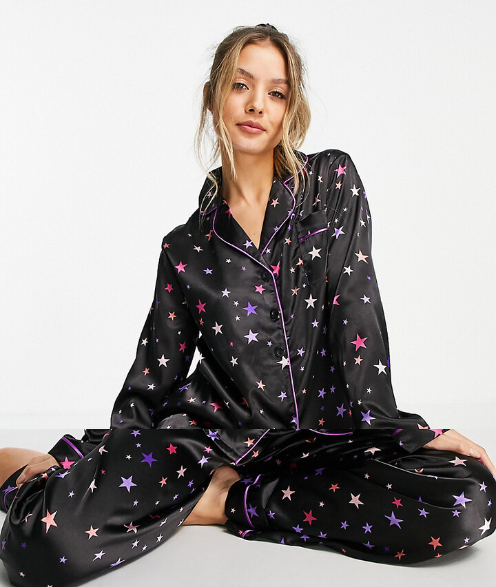 NIGHT piece pyjama satin gift set in navy multi star print